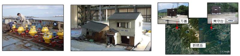 左図：自己浮上式海底地震計（OBS）の設置に向けた準備 中央図：E-ディフェンスによる震動破壊実験 右図：霧島山新燃岳の観測施設