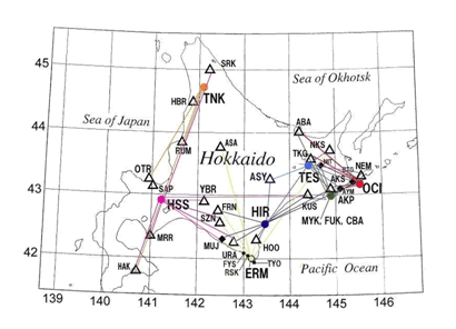 図1　平成21年2月現在の観測点（●）64MHz発信点（◆），及び目標FM放送局（△）の位置を示す．
