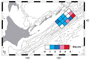 図2　津波波形インバージョンによって推定された1963年エトロフ沖巨大地震のすべり量分布。