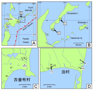 図4　国後島・色丹島での調査地点を示す地図
