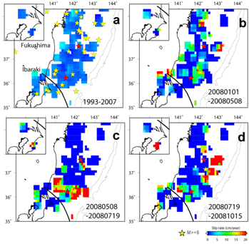 図1　小繰り返し地震データより推定されたプレート境界でのすべりレートの分布。a-d はそれぞれ、1993-2007年、2008/1/1-2008/5/8（茨城県沖M7.0の地震前まで）、2008/5/8-2008/7/19（福島県沖M6.9の地震前まで）の期間のものである。赤星は、2008年5月8日茨城県沖M7.0の地震および、2008年7月19日福島県沖M6.9の地震の震央を示す。黒太線はフィリピン海プレートの北東限、挿入図はフィリピン海プレート上面でのすべりレートを示す。