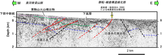 図1. 岩手宮城内陸地震の磐井川沿い（2008年）において浅層反射法地震探査断面．