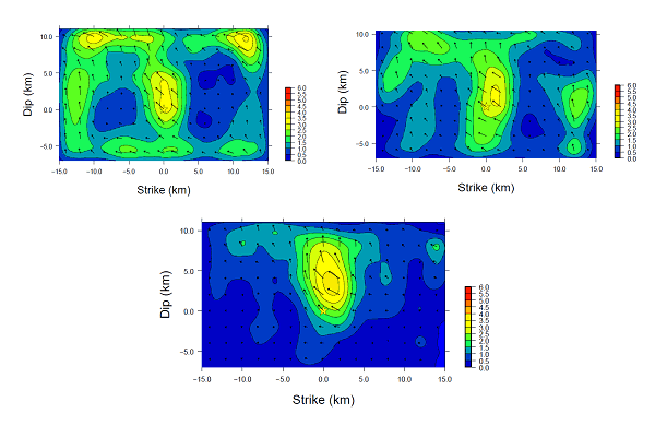 図1　2007年能登半島地震のいろいろな震源インバーションの結果．左上：改良前の速度構造モデルを用いた単独インバージョンの結果（すべり分布）．右上：改良後の速度構造モデルを用いた単独インバージョンの結果．下：改良後の速度構造モデルを用いた同時インバージョンの結果（籾山・他, 2009）．