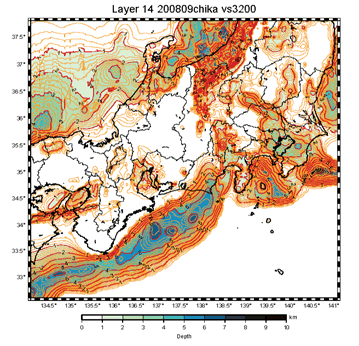 図3　想定東海地震・東南海地震に対する中部・関東・近畿地域の1次地下構造モデル．地震基盤（S波速度3.2 km/s）の上面の深さ分布が示されている（纐纈・他, 2009）．