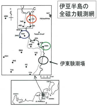 図1：伊豆半島北東部における全磁力観測点の分布図（東京大学地震研究所、気象庁柿岡地磁気観測所の観測点も含む）。東京工業大学の本研究課題で観測を実施している観測点の内、YMD、MKWは平成19年度以前にすでに撤収済み。また、観測点ABDは平成20年2月に撤収した。