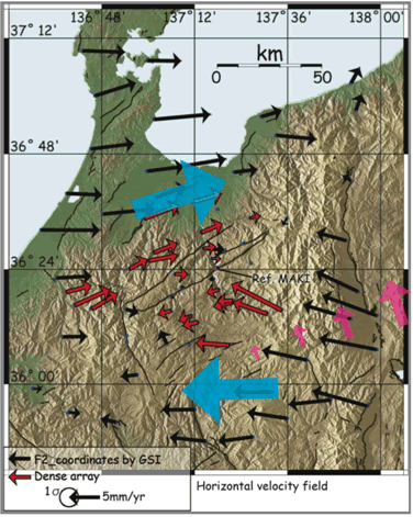 図2　跡津川断層周辺における運動の模式図．青い矢印で示したブロック運動に，ピンクで示した糸魚川‐静岡構造線の固着による影響が加わる．