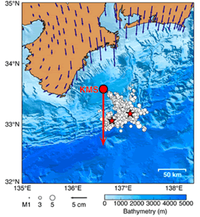 図3　紀伊半島南東沖地震による水平変動（岩崎固定）．陸上の変動ベクトルは国土地理院によるF2解を使用．