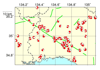 図1．山崎断層帯周辺の地震（M1.5 0M4.3）のメカニズム解の空間分布。