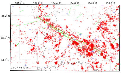 図2．山崎断層周辺域における最近30年間の震央分布（赤丸）。緑色の実線は活断層。青い＋は観測点。