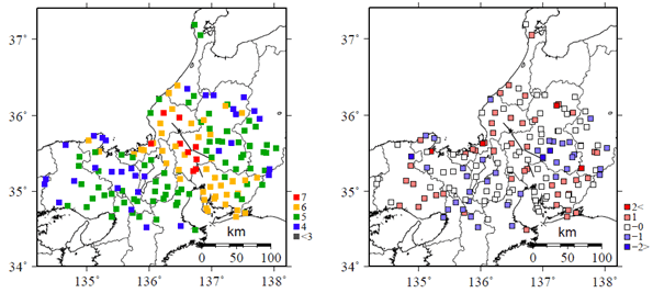 図3　（左）シミュレーションによる震度と観測震度の差が最小となる場合の震度分布図。（右）震度階の差の分布図。青色は過小評価、赤色は過大評価を示す。謝辞： 独立行政法人防災科学技術研究所K‐NET及びKiK‐net、宮城県栗原地方ダム総合事務所の強震記録を使用した。記して感謝します。