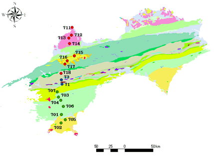 図1　平成20年度四国地方西部広帯域MT法観測地点位置図（赤丸、既存の測点に重ねたもの）