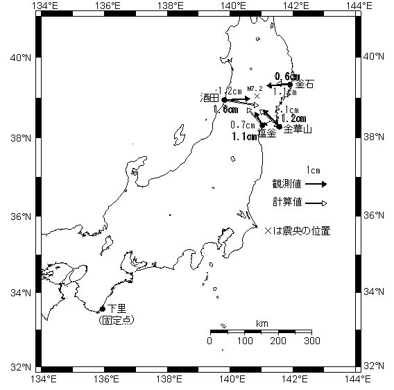 第2図　平成20年（2008年）岩手・宮城内陸地震（M7.2）に伴う地殻変動
