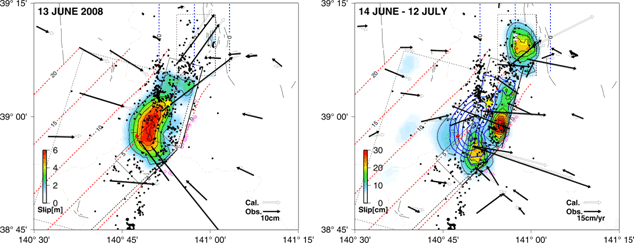 図5：2008年岩手・宮城内陸地震の（左）地震時滑り分布と、（右）余効滑りの積算値の分布、および観測された水平変位・変位速度と推定値から計算されたものとの比較。右図には左図の地震時滑り分布の等値線を青実線で示している。青と赤の破線はそれぞれ北側及び南側の断層面の等深線。黒点は余震、黒の実線は活断層の地表トレース（東北大学［課題番号：1202］）。