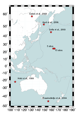 図7：アムールプレートのユーラシアプレートに対するオイラー極（東京大学地震研究所[課題番号:1401]）。