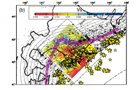 図9：マントルウェッジの地震波速度分布と上面地震帯との関係。太平洋スラブ上部境界面より10km上方の曲面に沿うS波速度の分布を重ねた。黒十字、黄星はそれぞれ上面の地震および相似地震を示す。桃色の領域は上面地震帯を示す（東北大学[課題番号:1209]）。