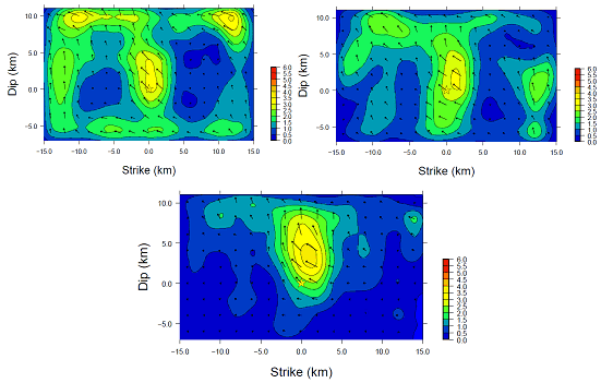 図25：2007年能登半島地震のいろいろな震源逆解析の結果。左上：改良前の速度構造モデルを用いた単独逆解析の結果（滑り分布）。右上：改良後の速度構造モデルを用いた単独逆解析の結果。下：改良後の速度構造モデルを用いた同時逆解析の結果（東京大学地震研究所［課題番号：1407、籾山・他, 2009）。