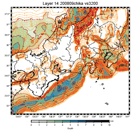 図28：想定東海地震・東南海地震に対する中部・関東・近畿地域の一次地下構造モデル。地震基盤（S波速度3.2 km/s）の上面の深さ分布が示されている（東京大学地震研究所［課題番号1407］、纐纈・他, 2009）。