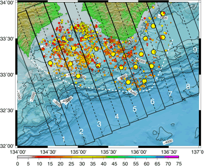 図45：平成15年から平成18年までの海底地震計の観測データから求められた地震の震央分布。震源決定誤差が5km未満の決定精度が高い地震のみを表示している（東京大学地震研究所［課題番号：1415］）。