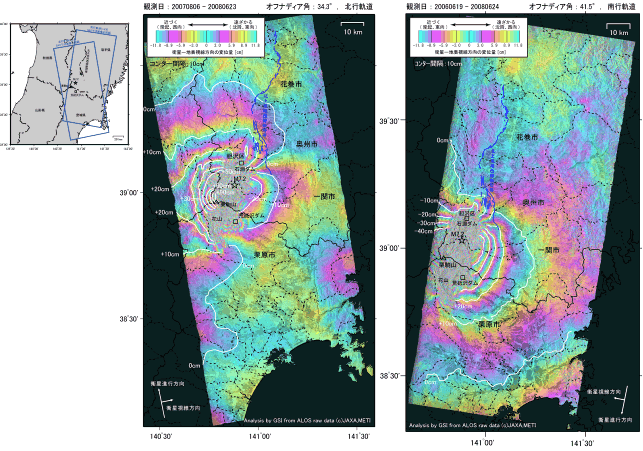 図52：平成20年（2008年）岩手・宮城内陸地震の干渉SARによる地殻変動分布。（左）西南西上空の衛星と地表間の距離変化。（右）東南東上空の衛星と地表間の距離変化（国土地理院［課題番号：6022］）