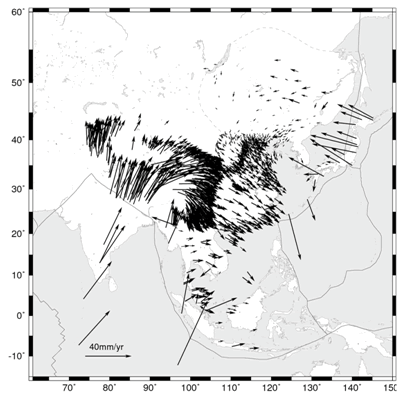 図1.VLBIとGPSを統合した東アジアの変位速度ベクトル場（GEONETについては選択して表示）（東京大学地震研究所［課題番号：1410］）。