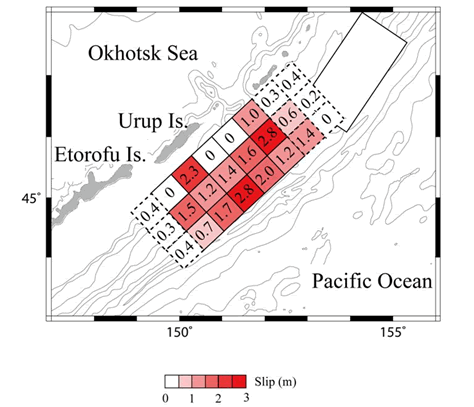 図18.津波波形インバージョンにより推定された1963年千島地震のすべり量分布と2006年千島地震の震源域（矩形領域）との比較（北海道大学［課題番号：1002］）。