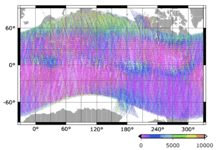 図3. Demeter衛星でえられた2008 年 8～9 月におけるイオン密度空間分布。代表的な例として O+ 密度 （cm "3 ） をプロットした。電離圏研究で知られている4波構造が見られる（東京学芸大学 [課題番号：2908]）。