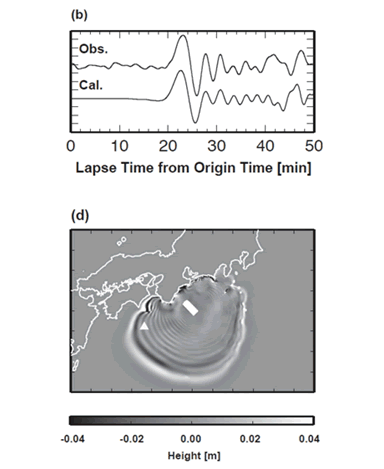 図4.2004 年紀伊半島南東沖の地震の波源解析海底ケーブル津波計記録の逆解析により求めた波源モデル（図下、白い長方形）と、海底ケーブル津波計記録の例（図下、白三角印）と非線形長波方程式に基づく津波シミュレーションの計算波形の一致度の比較。津波の初動だけでなく、後続する津波の分散波を含めて正しく再現されることがわかる（東京大学地震研究所［課題番号：1424］、Saito et al., 2010）。