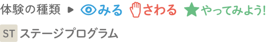 体験の種類→みる さわる やってみよう ステージプログラム