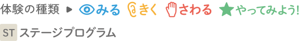 体験の種類→みる きく さわる やってみよう ステージプログラム