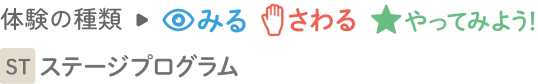 体験の種類→みる さわる やってみよう ステージプログラム