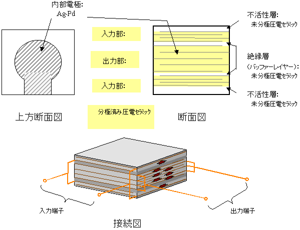 図6　輪郭拡がりモード圧電トランスの構造および端子接続