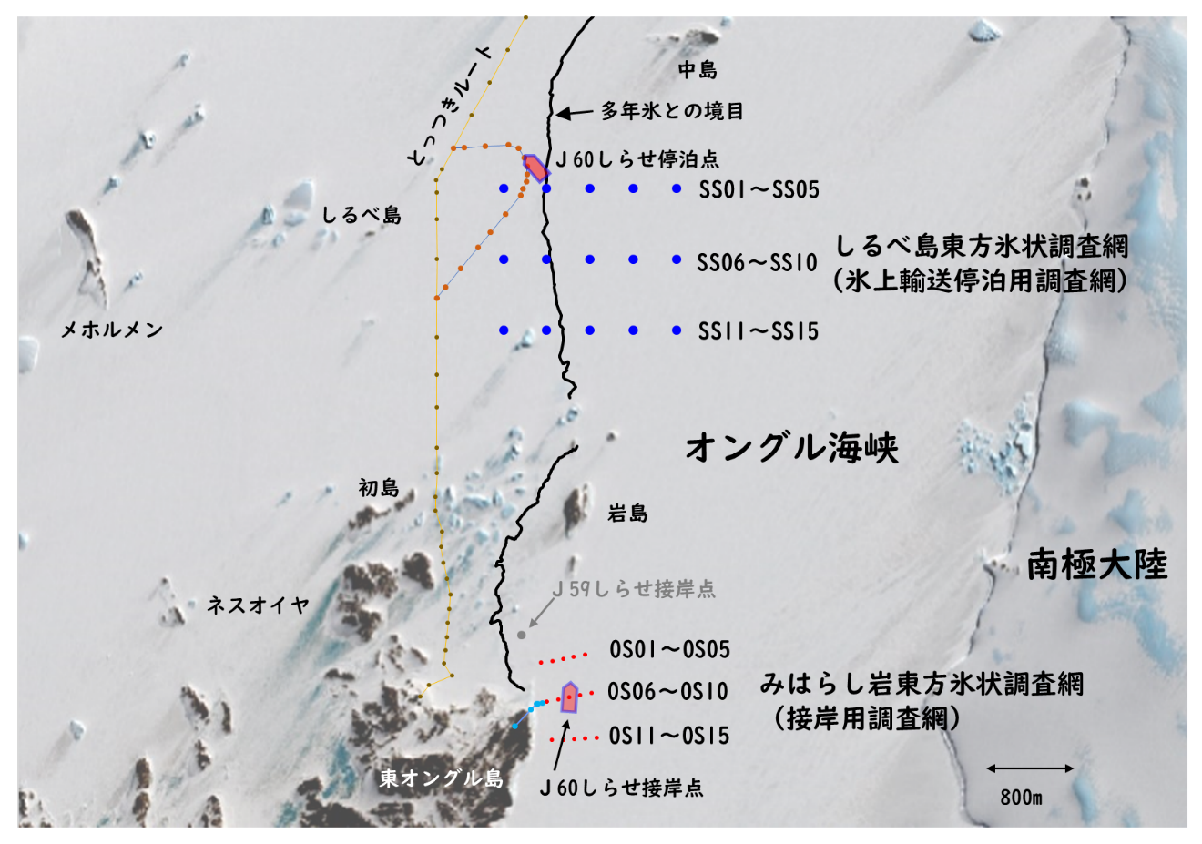 「しらせ」接岸点・氷上輸送用停泊点用調査網