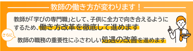 教師の働き方が変わります！教師が「学びの専門職」として、子供に全力で向き合えるようにするため、働き方改革を徹底して進めます　さらに教師の職務の重要性にふさわしい処遇の改善を進めます