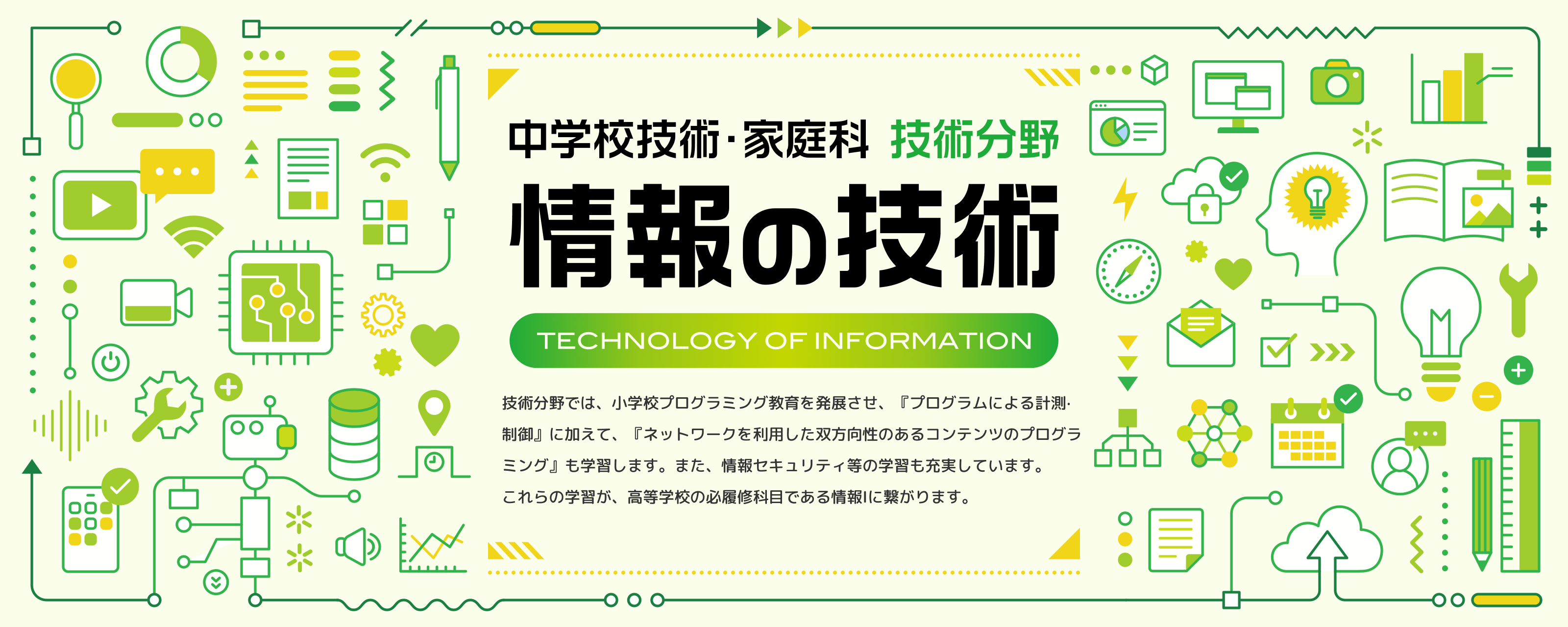 中学校技術・家庭科 技術分野「情報の技術」。技術分野では、小学校プログラミング教育を発展させ、『プログラムによる計測・制御』に加えて、『ネットワークを利用した双方向性のあるコンテンツのプログラミング』も学習します。また、情報セキュリティ等の学習も充実しています。これらの学習が、高等学校の必履修科目である情報Iに繋がります。