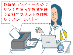 教員がコンピュータやプリンタを使って授業で使う資料やプリントを作成しているイラスト