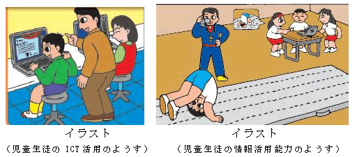 児童生徒のICT活用のようすのイラスト／児童生徒の情報活用能力のようすのイラスト