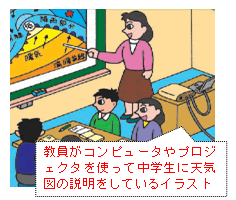 教員がコンピュータやプロジェクタを使って中学生に天気図の説明をしているイラスト