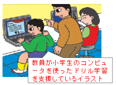 教員が小学生のコンピュータを使ったドリル学習を支援しているイラスト