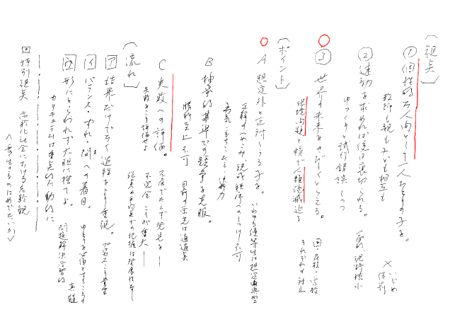 「視点」１　個性的な人間として一人ひとりの子を。教師も親も子ども相互も。（×いじめ、体罰）２　速効を求めれば後日裏切られる。ゆっくりと試行錯誤しつつ。（一面的、視野狭小）３　世界の未来をきびしくとらえる。環境問題と核で人類絶滅迫る。（国・民族・宗教・それぞれの対立）。「ポイント」A　想定外と正対しうる子を。（いわゆる優等生は想定内典型）正解のつめこみ、既成秩序へのしつけ不可、勇気・もちこたえ・決断力。B　抽象的基準での競争を克服。勝利至上不可、目前の栄光は通過点。C　失敗への評価。失敗をこそ評価せよ。（不屈でたえず発見を、不完全こそが重大、総点や平均点での把握は発展性なし）。「流れ」ア　結果だけでなく過程をより重視。（プロセスこそ貴重）。イ　バランス・ずれ・間への着目。（ゆとりを必須とすることの真髄）。ウ　形にとらわれず大胆に大胆に捨てよ。カリキュラムは重点的に、動的に（問題解決型学習）。□特別視点　高齢化社会における忘齢観＜長く生きるのはめでたいか＞。