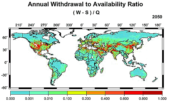 2050年の水ストレス比RWSのグローバルな分布の図