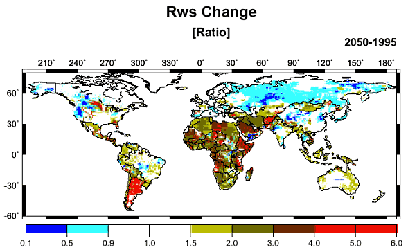 1995年に対する2050年の水ストレス比の増減比の図