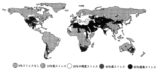 PODIUMモデルによる2025年の世界の水ストレス分布予測の図