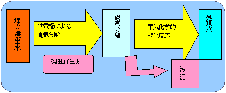 電解と磁気分離装置の構成と処理過程の図