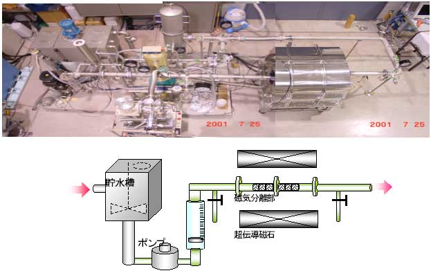 水中の環境ホルモンの除去用磁気分離実験装置の図