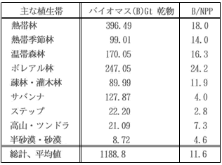 表2　各植生帯のバイオマス蓄積量