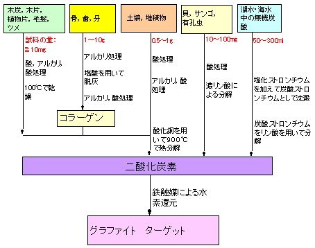 AMS14C年代測定に必要な試料の量とそれらの調製方法の概略の図