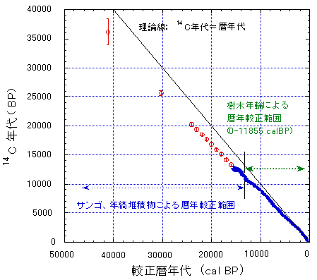 14C年代から暦年代への較正に用いられるデータの図
