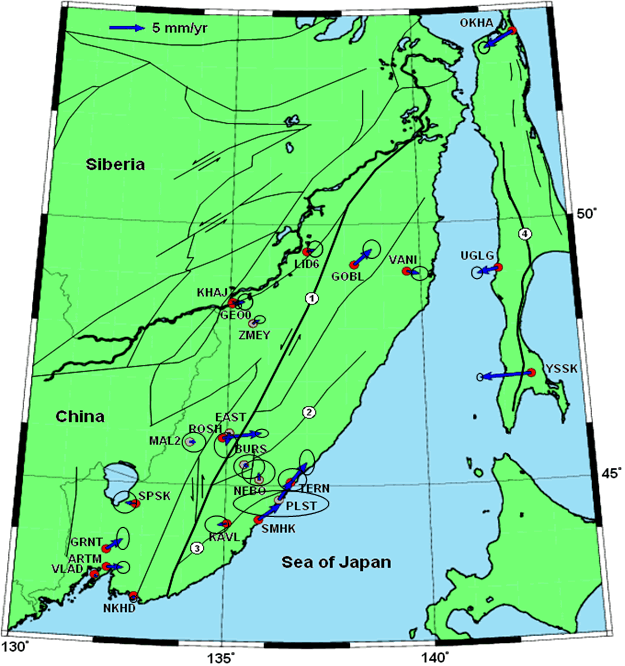 Fig.2　調査領域内のGPS観測点のユーラシアプレートに対する相対水平速度（年あたり）の分布．YSSK（IGS）を除く赤丸観測点が、本課題で日ロ共同観測の行われた観測点．灰色丸印の観測点は、Timofeev et al.,（2008）による観測点とデータを使用．実線は主要な断層で矢印はその動きの方向．丸数字で示した断層は、1．中央シホテ･アリン断層、2．コラムビンスキー断層、3．プリブレツニィ断層、4．ティム‐ポロナイスキ‐断層を示す。