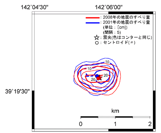 図1．2008年の地震と2001年の地震のすべり量の比較。赤コンターが2008年、青コンターが2001年を示す。単位はcm、コンター間隔は5cm。 星印と丸印はそれぞれ震源とセントロイドの位置を示す。