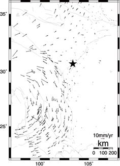 図3：中国四川省地震の震源（★）とGPS変位速度場